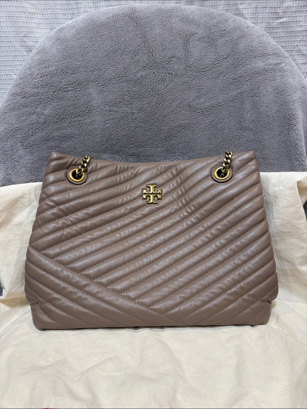 Tory Burch Quilted Shoulder Bag in Taupe with Gold Hardware